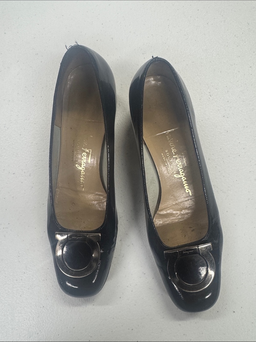 Salvatore Ferragamo Black Patent Leather Round-Toe Pump with Signature Hardware